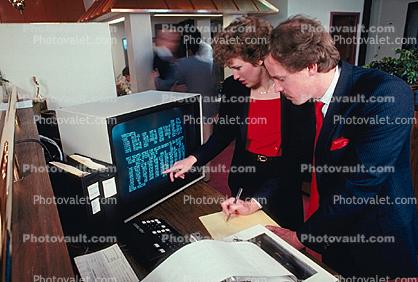 Business Woman, stocks and bonds, roll paper printer, 1984, 1980s
