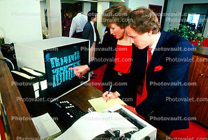 Desk, traders, brokers, stocks and bonds, roll paper printer, 1984, 1980s, businessman
