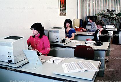 IBM Computer, Business Woman, Businesswoman, monitor, office, worker, employee, desk, people, trader, broker, stocks and bonds, paper, paperwork, 1984, 1980s