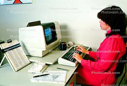 IBM Computer, Business Woman, Businesswoman, monitor, office, worker, employee, desk, people, trader, broker, stocks and bonds, paper, paperwork, 1984, 1980s
