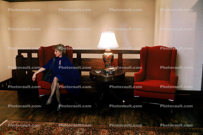 waiting room, lobby, reception, woman, lamp, chairs, 1980s