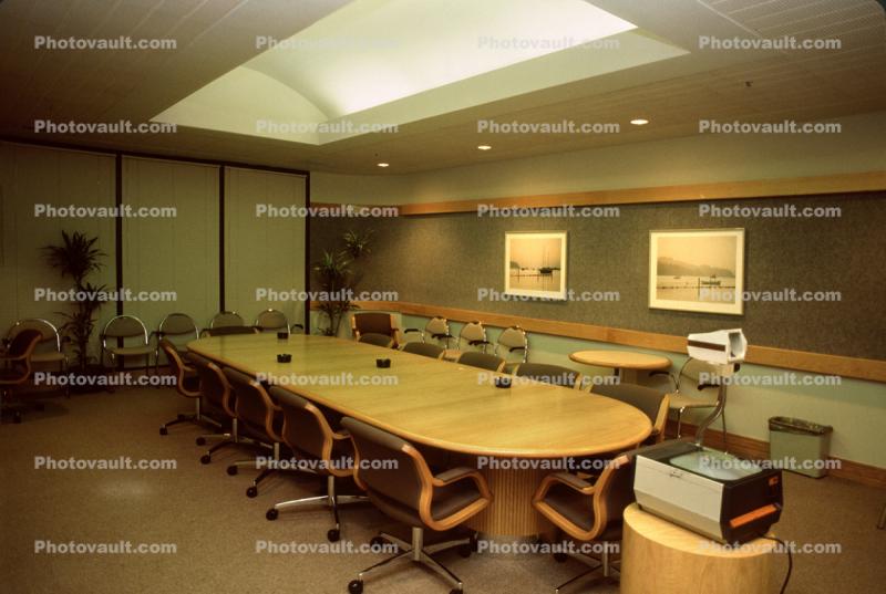 Conference Room, Table, Chairs, Furniture, overhead projector, vaulted ceiling, 23 August 1985, 1980s