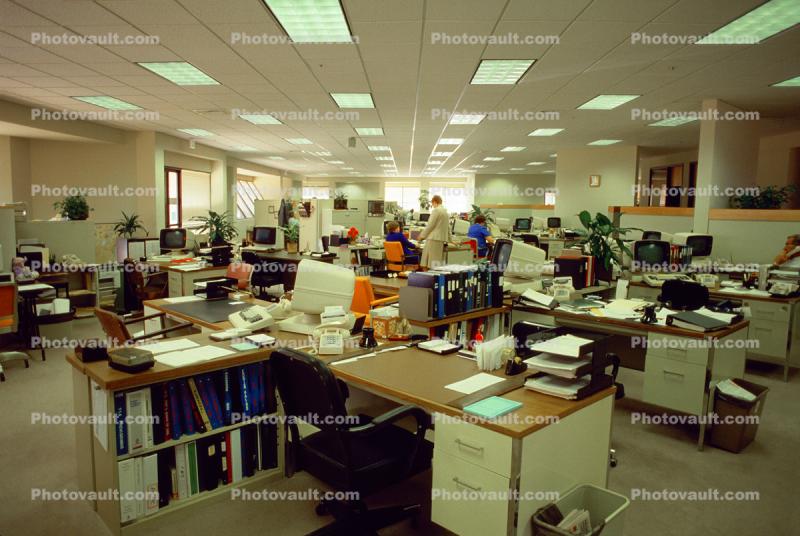 cluttered open office, cubicles, paper, computers, desks, in-out files, stacks, vanishing point, 23 August 1985, 1980s