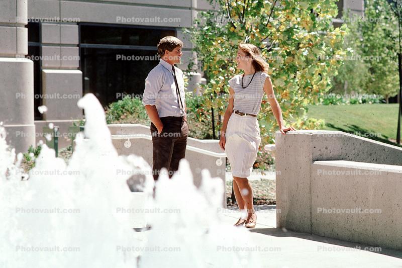 Business Woman, businessman, Water Fountain, aquatics, sunny, meeting, 1980s