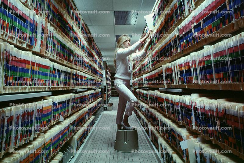 Files, Women, Retrieval, Hall, Racks, Folders, File Folders, Paper Rows, paperwork, bureaucracy, archive, clutter, documents, dossier, workers, Records Hall, Record Keeping, vanishing point, 1980s