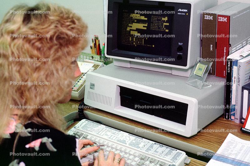 IBM Computer, Business Woman, paperwork, documents, 1985, 1980s