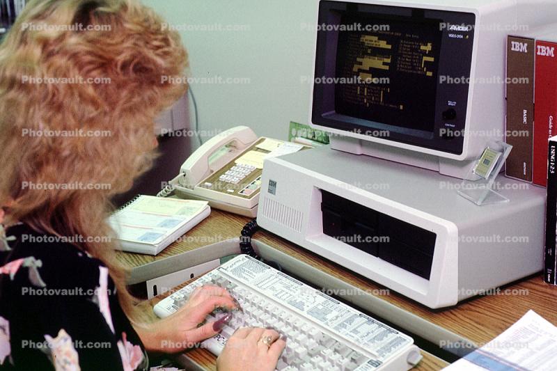 IBM Computer, Business Woman, paperwork, documents, Phone, keyboard, hands, hair, 1985, 1980s