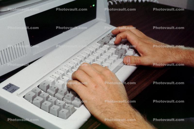 desk, IBM Computer, Business Man, keyboard, hands, Male, 1985, 1980s, businessman
