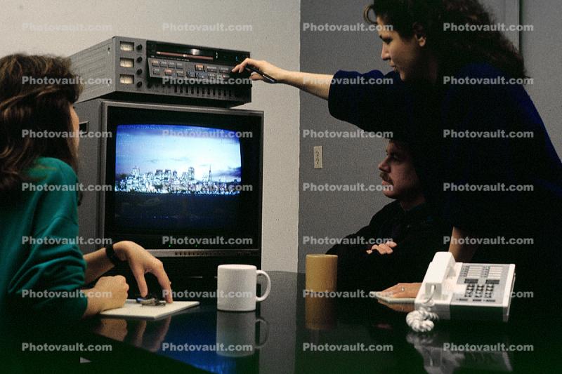 Table, Conference Room, Telephone, landline, table, vcr, TV Monitor, television, 1986