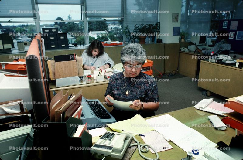 Women, Office Cubicle, telephone, phone, typewriter, desk, file folders