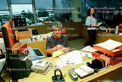Business Woman, desk, phone, tape, records, secretary, smiles