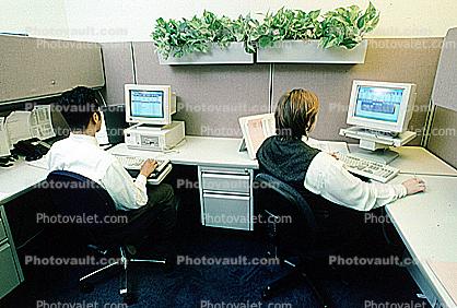 Business Woman, desk, computer, desktop, monitor, keyboard, cubicle, man, woman, businessman