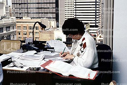 Woman, desk, paperwork, paper stacks, pile, 1990's