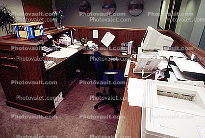 receptionist desk, Paperwork, computer, monitor, in-out, desk, office, 1990's