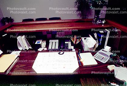 Desk, Adding Machine, phone, calendar pad, adding machine, 1990's