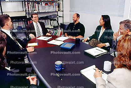 Business Woman, Conference Room, Planning, Strategy meeting, meet, converse, interacting, interaction, conversing, conversation, suits, connecting, table, furniture, Businessman, meeting, conference, man, male, 1990's