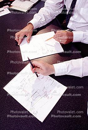 Businessman, meeting, man, male, paper pads, doodles, product design