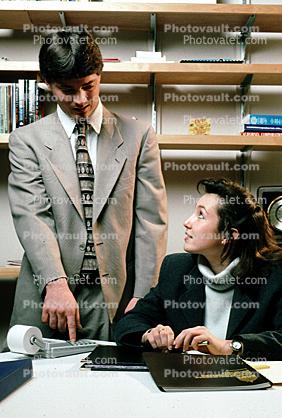 Man, Woman, meeting, conversing, connecting, interacting, desk, shelves, businessman