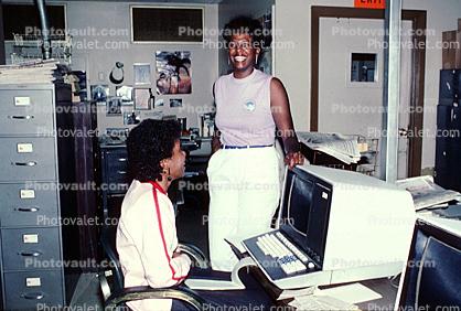 IBM Computer, smiles, women, file drawers, monitor, keyboard, telephone operator, phone, woman, desk, office, 1980s