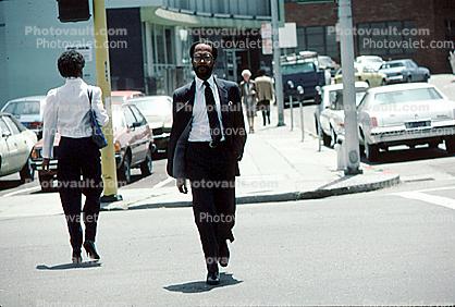 Men, Walking, cars, crosswalk, suit, Outdoors, outside, exterior, 1980s
