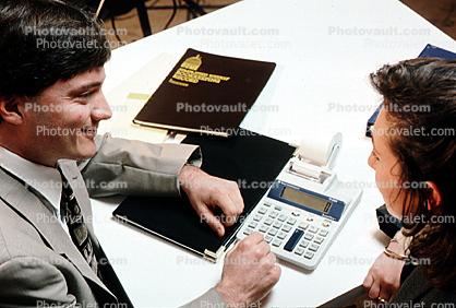Calculator, Man, Woman, meeting, interacting, connecting, businessman