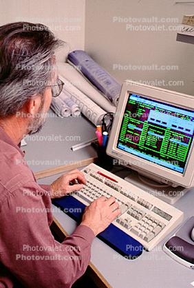 Man, beard, keyboard, monitor, Blueprints, blue prints, businessman