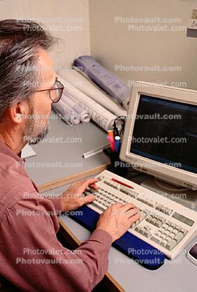 Man, beard, keyboard, monitor, office, businessman