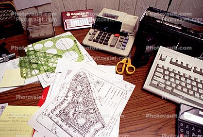 calculator, keyboard, radio, clutter, radio, cordless phone, desk, paperwork