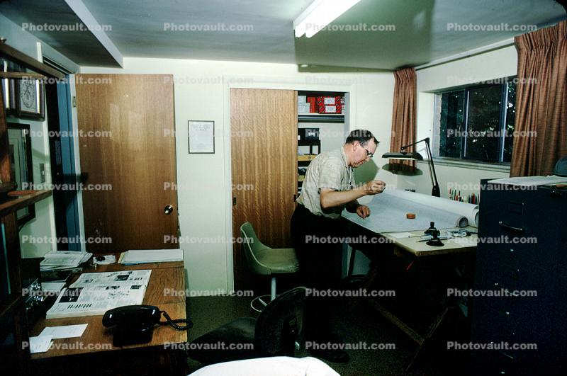 Man, Phone, desk, drafting table, office, businessman, telephone, 1950s