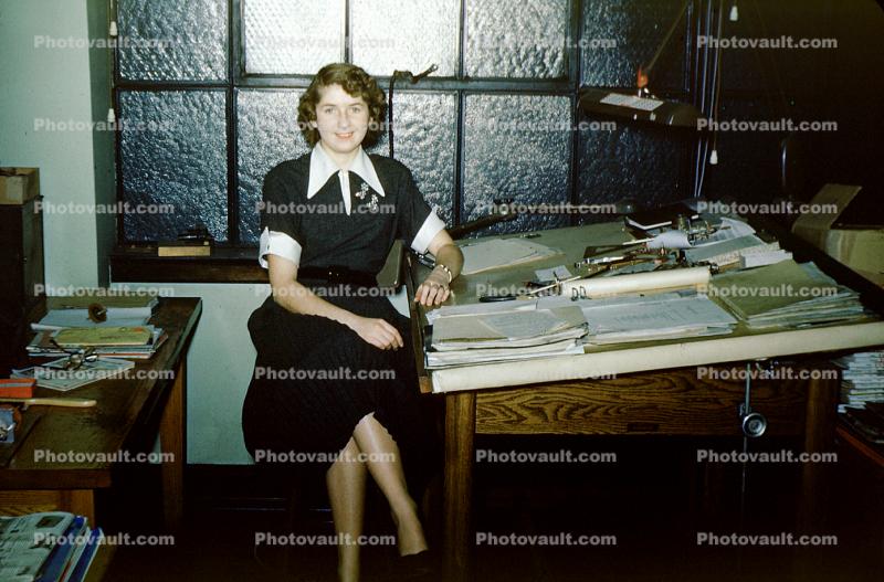 Woman named Violet, Desk, Paperwork, table, office, November 1953, 1950s