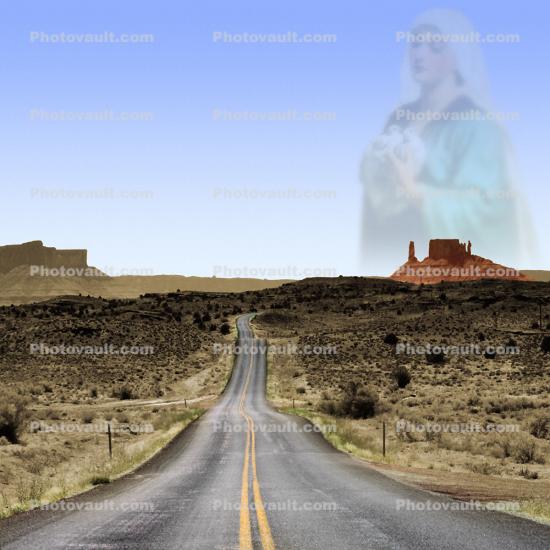Mother Mary overseeing Highway, southwest, road, Butte, safety