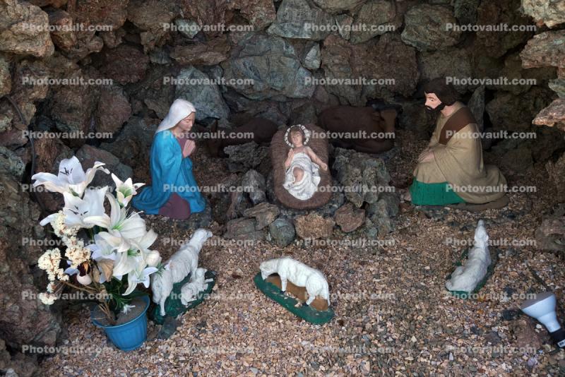 Mother Mary, Jesus, Joseph, sheep, Grotto, Immaculate Conception Catholic Church
