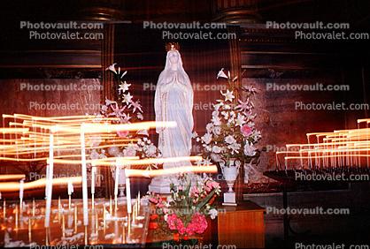 Virgin Mary Statue, Praying, Candles, Altar, Flowers, La Madeleine Church