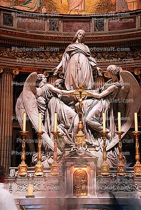 Altar, Statue of Mary Magdalene, Angels, Candles, La Madeleine Church