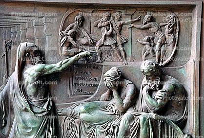 Nathan Confronts David, bronze bas-relief on the La Madeleine church door, woman crying, desperation, pointing a finger