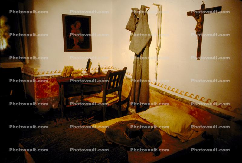 Christ, Cross, monks room, bed, desk, chair, Santa Barbara California