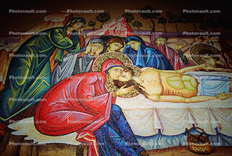 Wall Tile Mosaic Mural, Christ's body being prepared for burial, The Church of the Holy Sepulchre