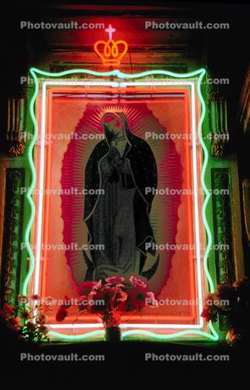 Mother Mary artwork, Neon Lights frame, Crown, Morelia, Michoacan
