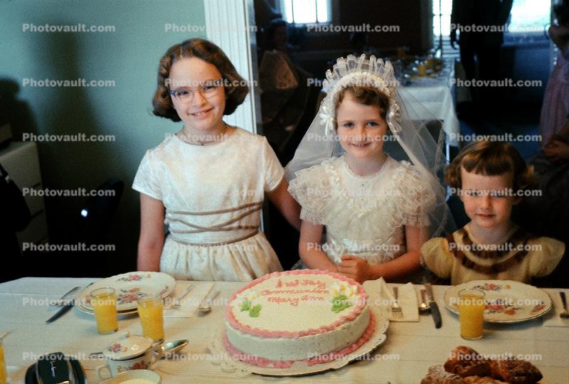 Girl with Cake, plates, First Holy Communion, Party, 1950s
