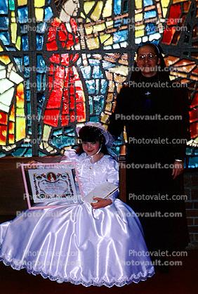 Girl, dress, First Holy Communion, Roman Catholic Church, Stained Glass Window, dresses, formal