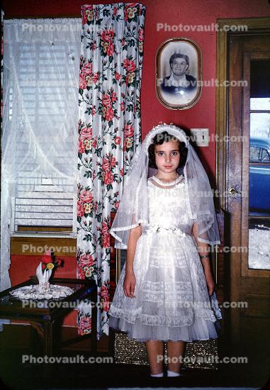 Mother, Daughter, Father, girl, dress, formal, First Holy Communion, 1940s