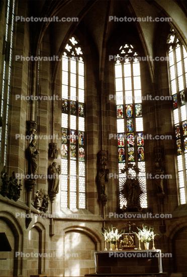 Stained Glass, Giant Vertical Windows, Altar, Cathedral, Nurnberg
