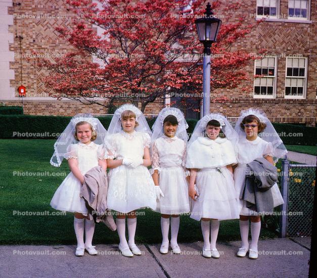 first holy communion, catholic, Girls, Knee Socks, dresses, formal, Trees, 1960s