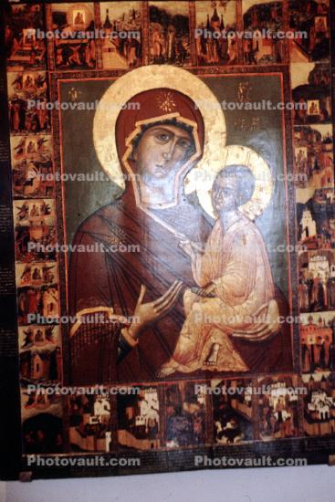 Mother Mary and Jesus Christ, church altar, Rublev Monastary