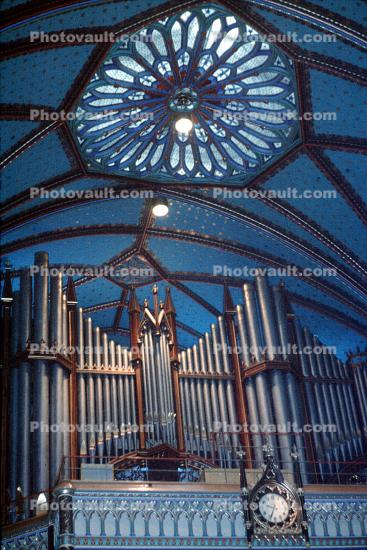 Organ Pipes, Clock, Stained Glass Window