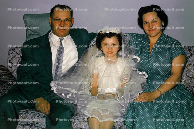 First Holy Communion, Catholic, Girl, Father, Mother, Daughter, 1950s, girls, dresses, formal