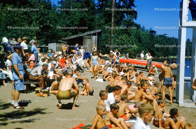 boys, Crowds, People, beach, sand, lake, outdoors, outside, Forest, 1950s