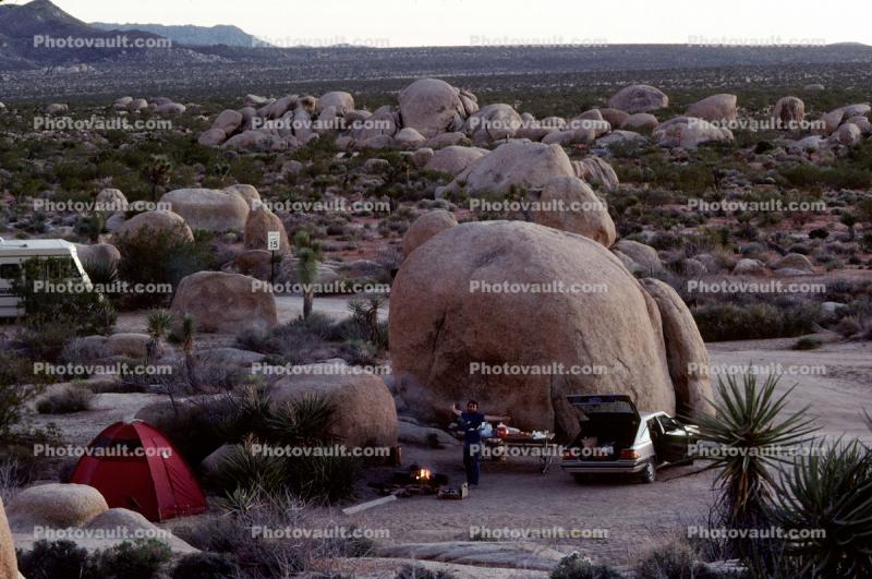 Boulders, Campsite, Camping, Tent, Car, Joshua Tree National Monument