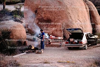 Campfire, Smoke, Boulders, Campsite, Camping, Tent, Car, Joshua Tree National Monument