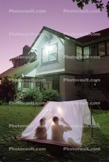Shadow Tent, backyard camping, night, nighttime